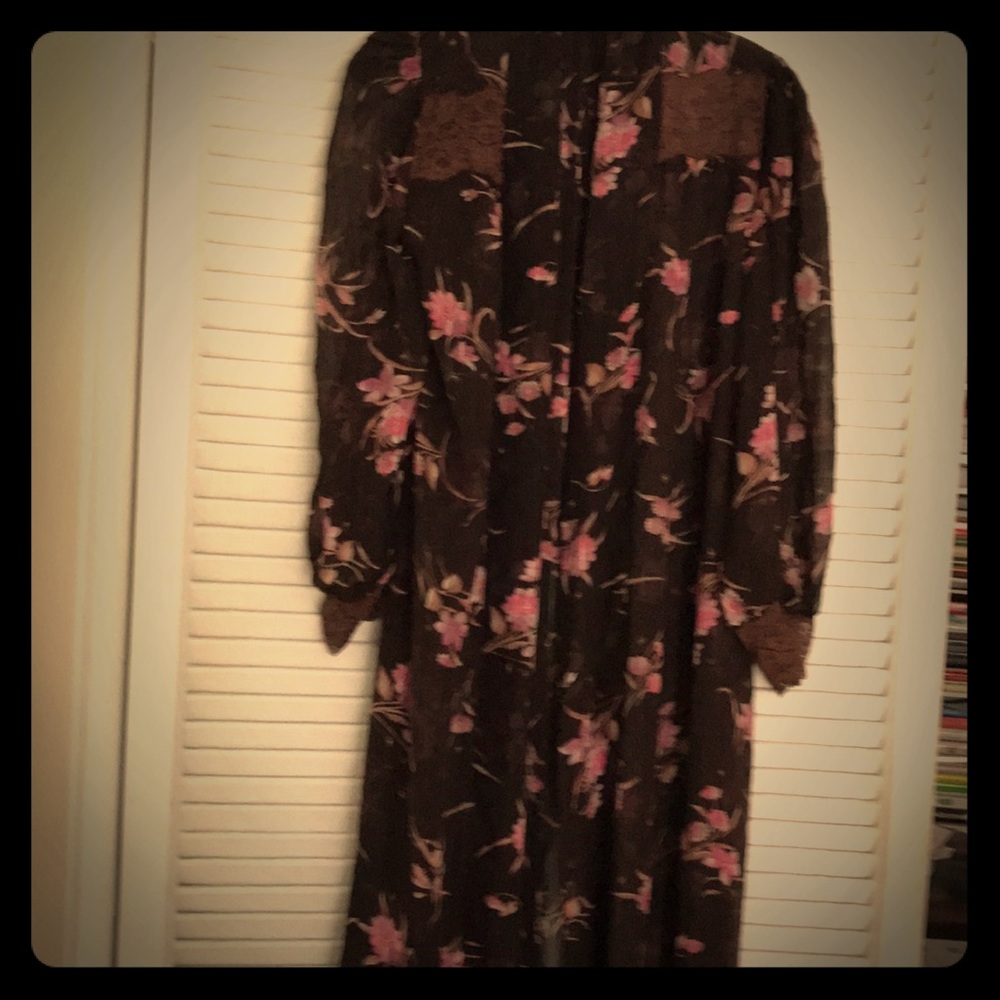 Brown sheer negligee with pink flowers